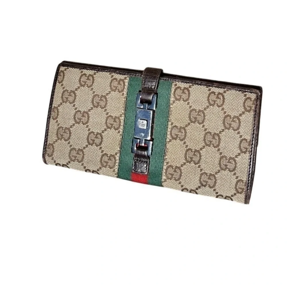Vintage Gucci GG Canvas Web Stripe Continental Wallet Jackie Clasp Leather Italy